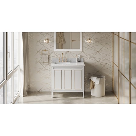 Jeffrey Alexander 36In. White Percival Vanity, Left Offset, White Carrara Marble Vanity Top, Undrmnt Rctngl Bowl VKITPER36WHWCR